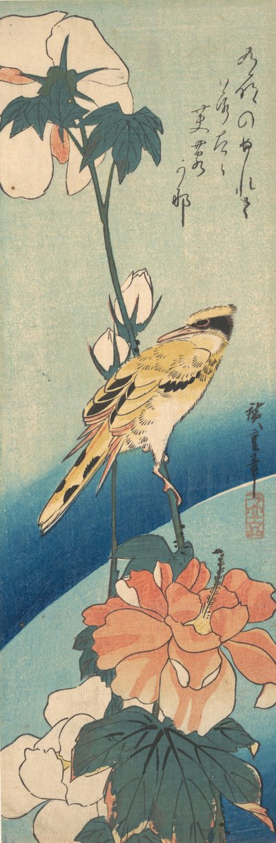 En svartnackad oriole på en stam av rosenmalva, ca. 1834., ca. 1834. av Ando Hiroshige