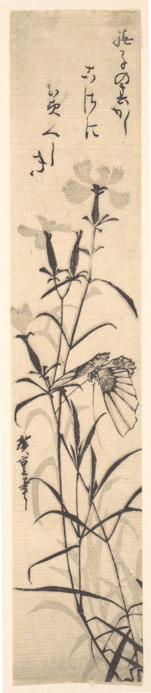 Svartvitt tryck av fjäril och blomma en rosa. av Ando Hiroshige