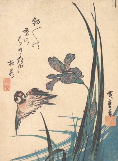 Iris och Sparrow, ca. 1832., ca. 1832. av Ando Hiroshige