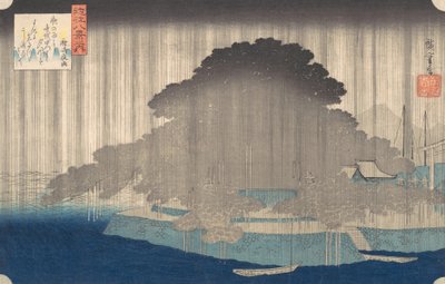 Night Rain at Karasaki, från serien Eight Views of O-mi, ca. 1835., ca. 1835. av Ando Hiroshige