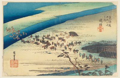 Shimada, resenärer som korsar Oigawa, i de femtiotre stationerna på Tokaido Road (Tokaido Gojusan Tsugi-no Uchi) av Ando Hiroshige