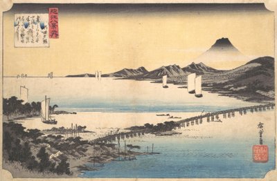 Sunset Glow at Seta Seta sekisho, från serien Eight Views of Omi Province Omi ha..., 1834-35. av Ando Hiroshige