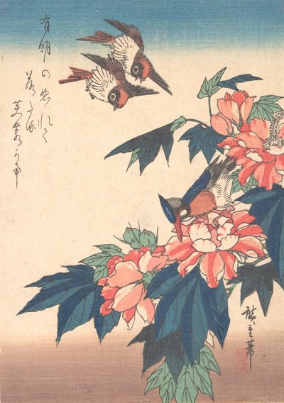 Svalor och kungsfiskare med rosenmalva, ca. 1838., ca. 1838. av Ando Hiroshige