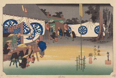 Seki Station (träblock i färg) av Ando or Utagawa (after) Hiroshige