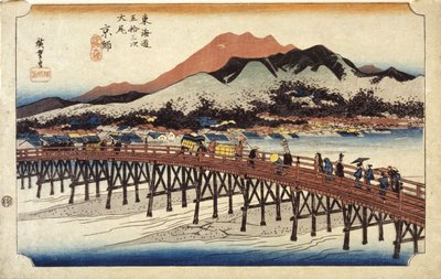 (Figurer som korsar bron) av Ando or Utagawa Hiroshige