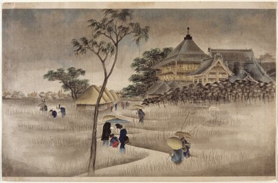 (Stor byggnad med hyddor nedanför) (samma som 17.218) av Ando or Utagawa Hiroshige
