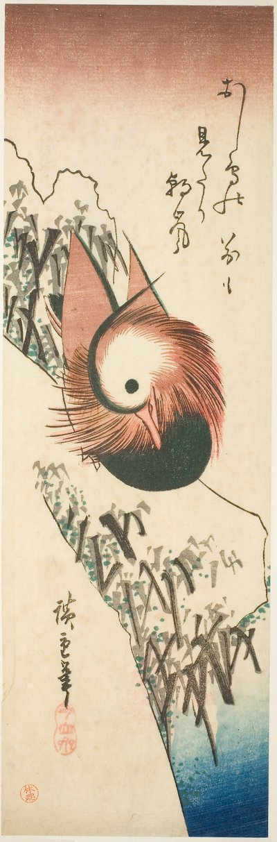 En mandarinand på en snöig bank av Ando or Utagawa Hiroshige