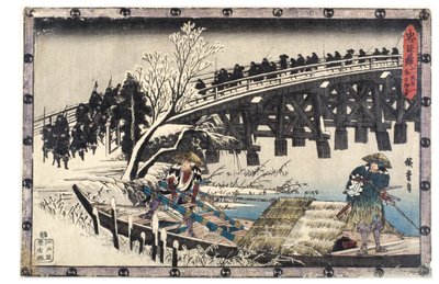 Akt XI. Första avsnittet. Ronin korsar en bro
på väg till Moronaos herrgård, Edo-perioden av Ando or Utagawa Hiroshige