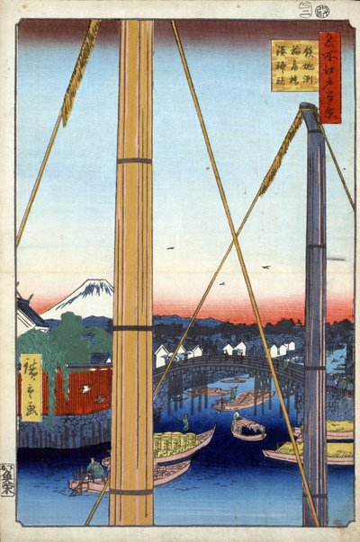 ""Hundra berömda vyer av Edo""(Dagens Tokyo): Inari-bron och Minato-templet i Teppozu. Utsikt över staden Tokyo i Japan med berget Fuji i bakgrunden. (Harbour Shrine och Inari Bridge at Teppozu (Hundra Famous Views of Edo). Japan print av Ando or Utagawa Hiroshige