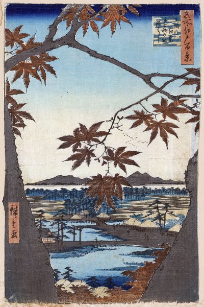 ""One Hundred Famous Views of Edo"" (Dagens Tokyo): Lönnlöv vid Mama med Tekona-templet och Tsugi-bron. Utsikt över staden Tokyo i Japan. (Lönnlöv och Tekona-helgedomen och bron vid Mama (Hundra berömda vyer av Edo). Japanskt träklosstryck av Ando or Utagawa Hiroshige