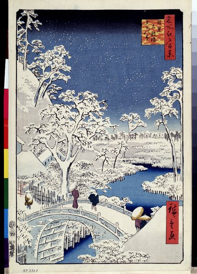 ""Hundra berömda vyer över Edo"": ""Mount Yuhi Hill och Meguro Bridge"". Landskap med snöflingor. (Yuhi Hill and the Drum Bridge at Meguro (One Hundred Famous Views of Edo) Japanskt tryck av Utagawa Hiroshige (1797-1858) 1856-1858 Erm Museum av Ando or Utagawa Hiroshige