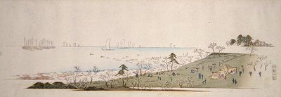 Cherry-Blossom Time, människor som picknickar på Gotenyama (träblock i färg) av Ando or Utagawa Hiroshige