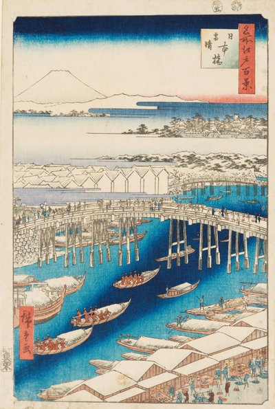 Rensning efter snö vid Nihonbashi-bron av Ando or Utagawa Hiroshige