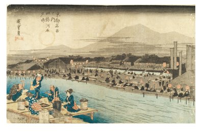 Cool of the Evening at Shijo Riverbank från serien Famous Places in Kyoto, ca 1833-1834 (träsnitt på papper) av Ando or Utagawa Hiroshige