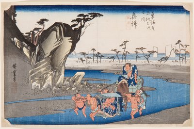 Deux lutteurs de sumo traversant la riviere Okitsu. Estampe de Utagawa Hiroshige (1797-1858), vers 1830 --Två brottare korsar Okitsufloden nära Okitsu, vid Hiroshige, Utagawa (1797-1858). Färgträsnitt av Ando or Utagawa Hiroshige