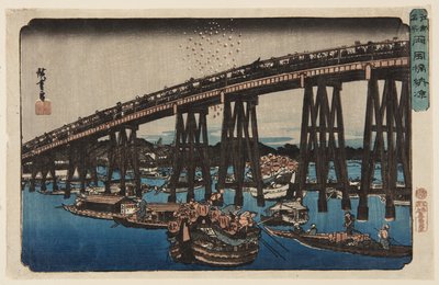 Njuter av kvällen vid Ry?goku Bridge (Ry?goku-bashi n?ry?) (träblock i färg) av Ando or Utagawa Hiroshige