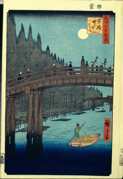 Japanskt träblockstryck: The Bamboo Wharf av Kyobashi Bridge (Tokyo, Japan). Serie hundra berömda vyer av Edo. (Bamboo Quay vid Kyobashi Bridge, Hundra berömda vyer över Edo). Verk av Utagawa Hiroshige (1797-1858), träsnitt (39x26 cm) av Ando or Utagawa Hiroshige