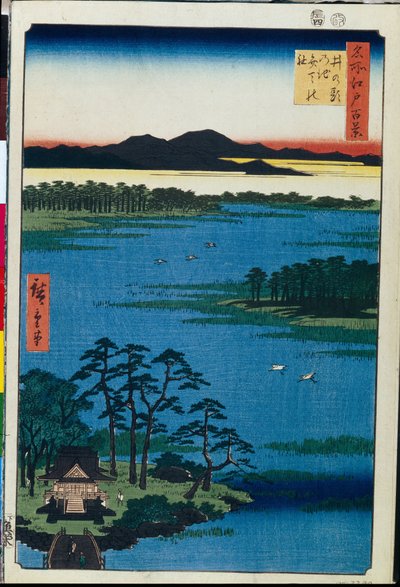 Japanskt trätryck: The Benten Shrine on the Coasts of Lake Inokashira (Tokyo, Japan) Series hundra berömda vyer av Edo (Benten Shrine at the Inokashira Pond, Hundred Famous Views of Edo) - Verk av Utagawa Hiroshige (1797-1858) , träsnitt (39x26 cm av Ando or Utagawa Hiroshige