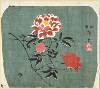 Fläkttryck: Rose av Ando or Utagawa Hiroshige