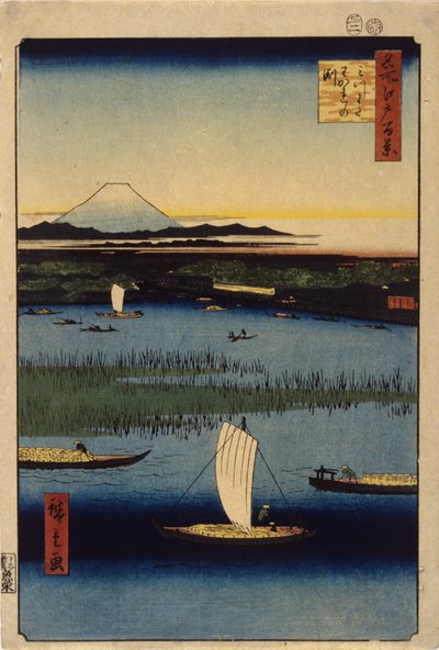 Farvälkanaler på Mitsumata (träblock i färg) av Ando or Utagawa Hiroshige