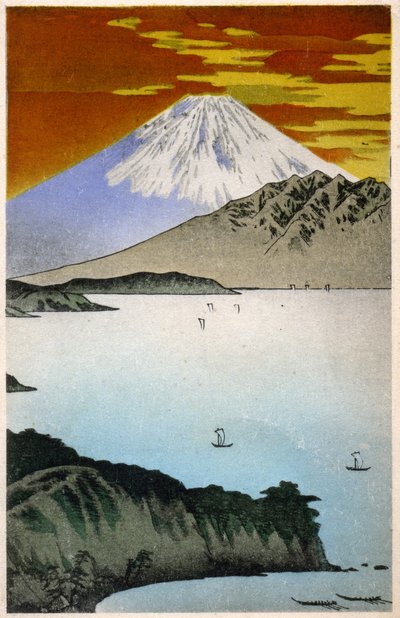 Geografi. Japan. Soluppgång på berget Fuji. Träsnitt av Hiroshige i: Fifty Three Stations of the Tokaido (1833-1834). Vykort, Japan, ca 1900 (vykort) av Ando or Utagawa Hiroshige
