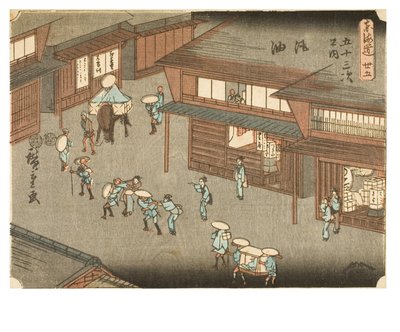 Goyu. Kvinnor stoppar resenärer på gatan. Från serien The Fifty-three Stations of the Tokaido, ca 1847-1852 (träsnitt på papper) av Ando or Utagawa Hiroshige