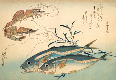 Japansk taggmakrill och japansk tigerräka (träblock i färg) av Ando or Utagawa Hiroshige