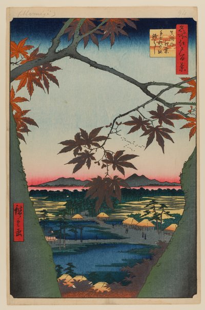 Lönnträd vid Mama, Tekona-helgedomen och Linked Bridge av Ando or Utagawa Hiroshige