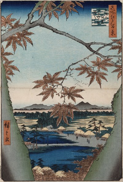 Lönnlöv och Tekona-helgedomen, och bron vid Mama, från serien "One Hundred Views of Famous Places in Edo" av Ando or Utagawa Hiroshige