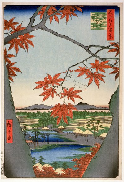 Maples at Mama, från serien "100 Views of Famous Places in Edo" ("Meisho Edo hyakkei"), pub. av Uoya Eikichi av Ando or Utagawa Hiroshige