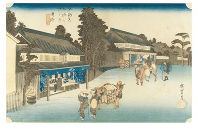 Narumi: Famous Arimatsu batikfärgat tyg från serien The Fifty-three Stations of the Tokaido, ca 1831-1834 (träsnitt på papper) av Ando or Utagawa Hiroshige