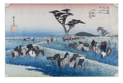 Nr. 40 Chiryu - hästmarknad under försommaren, Edo-perioden, ca 1833-34 (träsnitt på papper) av Ando or Utagawa Hiroshige