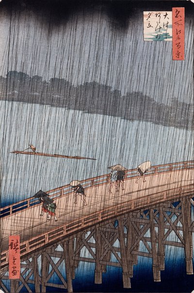 Ohashi, Sudden Shower at Atake, från serien "One Hundred Views of Famous Places in Edo" av Ando or Utagawa Hiroshige