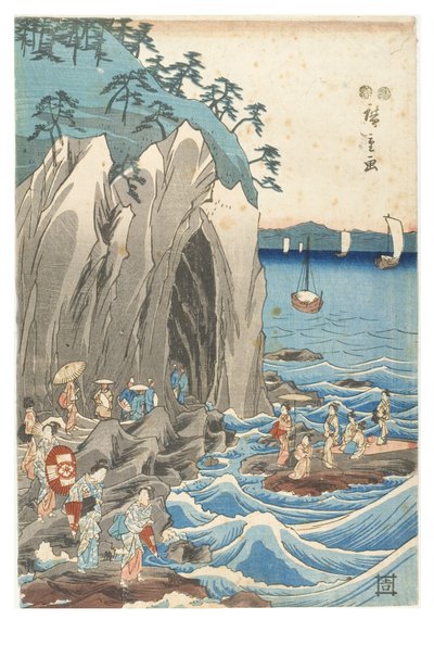 Pilgrimsfärd till utställningen av Benzaiten-statyn i Iwayas huvudhelgedom vid Enoshima i provinsen Sagami, ca 1847-1852 (träblocktryck på papper) av Ando or Utagawa Hiroshige