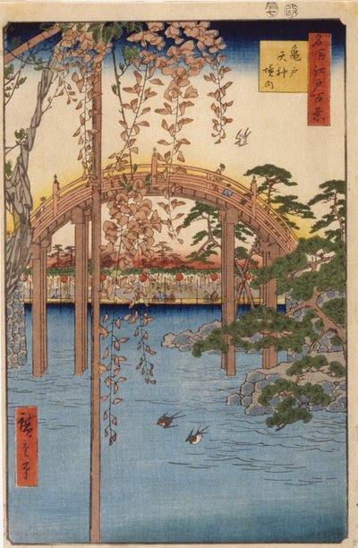Precincts of the Tenjin Shrine in Kameido (träblock i färg) av Ando or Utagawa Hiroshige