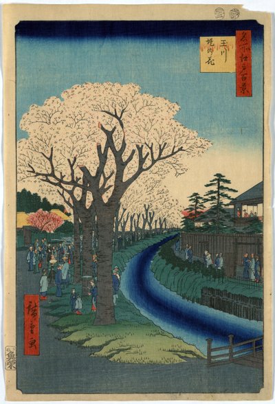 Trycket visar turister som tittar på körsbärsblommor längs Tamaflodens strand vid Edo, träsnitt av Ando Hiroshige av Ando or Utagawa Hiroshige