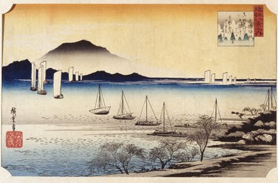 Returning Sails At Yabase (träblock i färg) av Ando or Utagawa Hiroshige