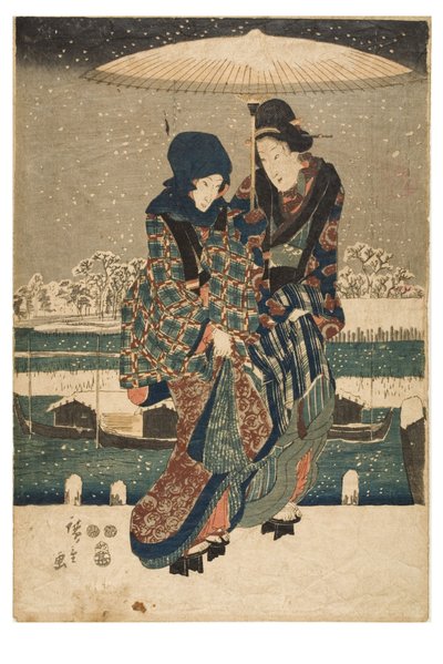 Snö på Sumida-floden från serien Vyer över de fyra årstiderna på berömda platser i Edo, ca 1847-1852 (träsnitt på papper) av Ando or Utagawa Hiroshige