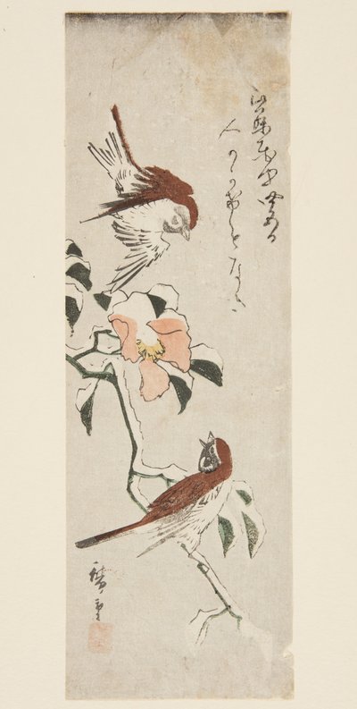 Sparvar och kamelia i snö (träblock i färg) av Ando or Utagawa Hiroshige