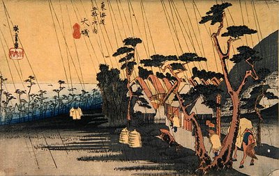 Plötslig skur, Oiso, från serien "Fifty-three Stations of the Tokaido Highway", ca 1833-34 (färgsnitt) av Ando or Utagawa Hiroshige