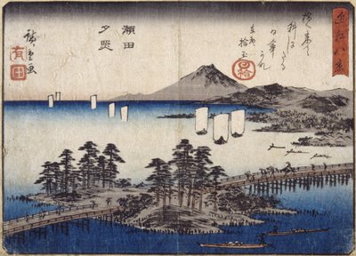 Twilight Glow At Seta (träblock i färg) av Ando or Utagawa Hiroshige