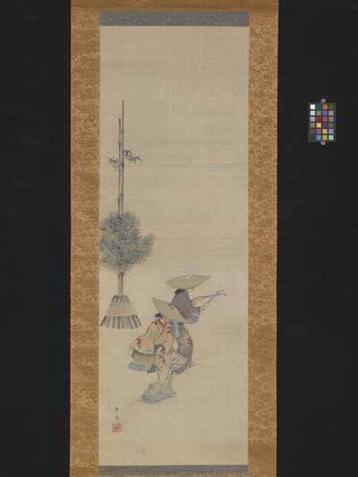 Två kvinnor med hattar som dansar (bläck och färg på siden) av Ando or Utagawa Hiroshige