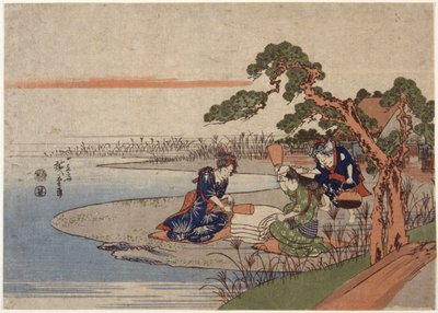 Kvinnor förbereder tyg (trätryck i färg) av Ando or Utagawa Hiroshige
