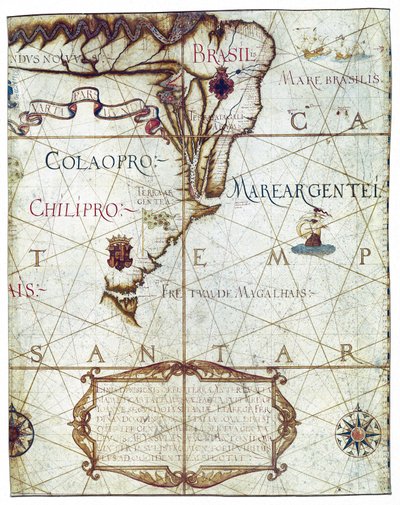 Karta över Sydamerika, i Universa och Navigabilis Totius Terrarum Orbis Descriptio 1559 (färgmanuskript) av André Homem