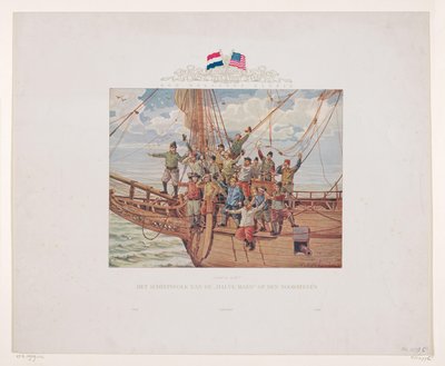Henry Hudsons skepp, Halve Maen, närmar sig den nordamerikanska kusten, 1609 Land i sikte! Fartygets besättning på Halve Maen på fören (titel på objekt) av André Vlaanderen