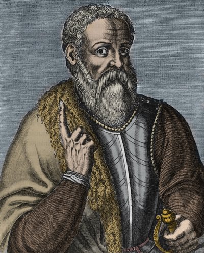 Hernando Cortez eller Cortes (1485-1547) Spansk conquistadorgravyr efter Andre Thevet (1516-1590) - Porträtt av conquistador Hernan (ou Hernando) Cortes ou Fernand Cortez (1485-1547) av Andre (after) Thevet