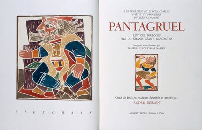 Titelsida till "Les horribles et espouvantables faictz et prouesses du tres renomme Pantagruel, Roy des Dipsodes, fils du grand geant Gargantua. Compose nouvellement par Maitre Alcofybras Nasier", av Francois Rabelais (ca 1494-1553) 1943 (träsnitt) av Andre Derain
