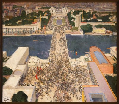 Den internationella utställningen 1937 sedd från Eiffeltornets andra våning, Vid foten av Chaillot-kullen står Sovjetunionens paviljonger till vänster och Nazitysklands paviljonger till höger mot varandra, Målning av Andre Devambez (1867-1944) - av Andre Devambez