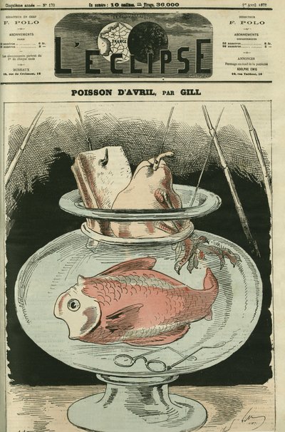 Aprilfisk, fisken är Adolphe Thiers (1797-1877). Omslag i "" L