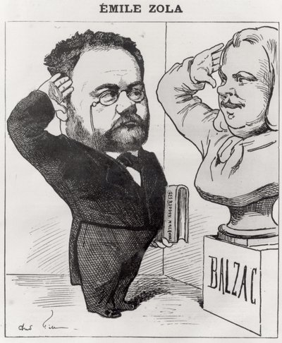 Karikatyr av Emile Zola (1840-1902) Saluting a byst of Honore de Balzac (1799-1850) 1878 av Andre Gill